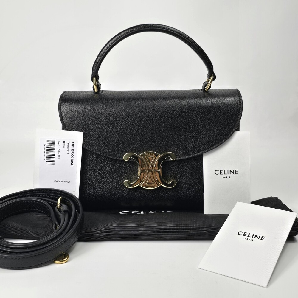 CELINE Triomphe Teen Nino Bag in Supple Grained Calfskin Black Shoulder Bag